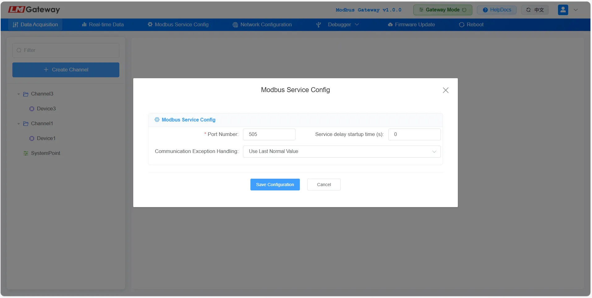 Modbus gateway service configuration interface